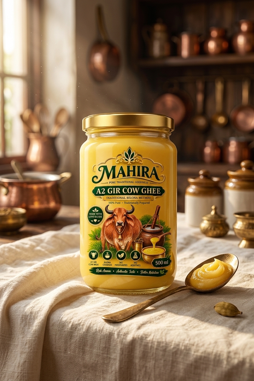 MAHIRA A2 Gir Cow Ghee jar styled on ivory linen with a brass spoon