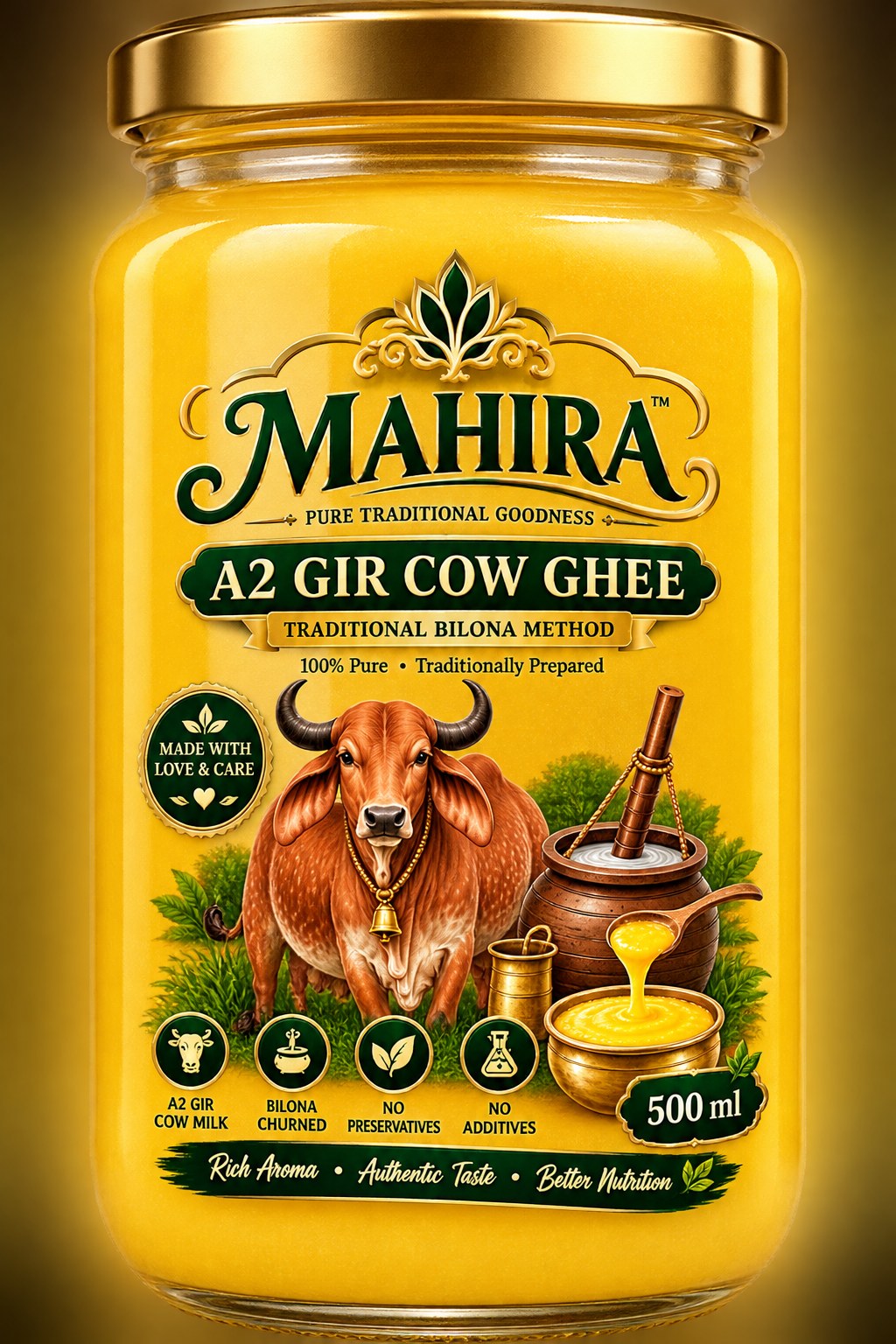 Premium glass jar of golden ghee